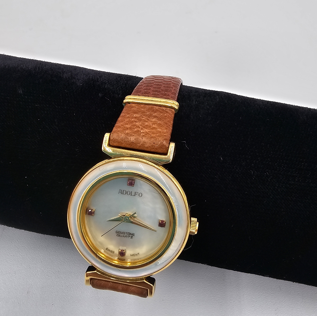 Adolfo Gold And Brown Leather Watch With Gemstones.